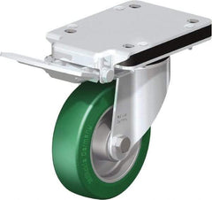 Blickle - 5" Diam x 1-37/64" Wide x 10-5/16" OAH Top Plate Mount Swivel Caster with Brake - Polyurethane-Elastomer Blickle Softhane, 770 Lb Capacity, Ball Bearing, 5-1/2 x 4-3/8" Plate - Caliber Tooling