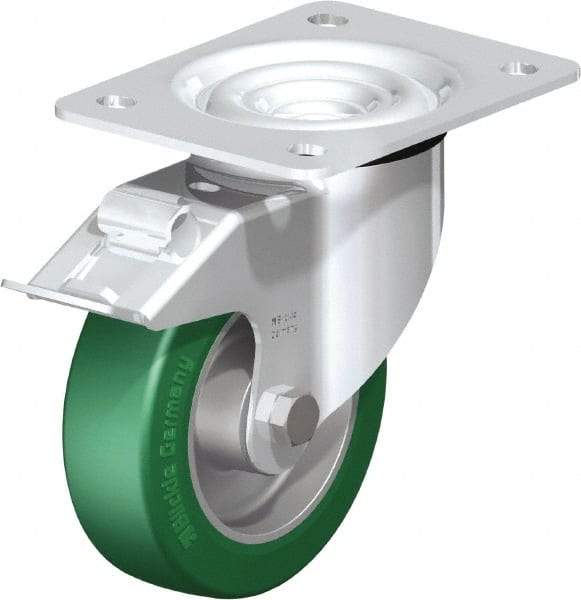 Blickle - 5" Diam x 1-37/64" Wide x 6-7/64" OAH Top Plate Mount Swivel Caster with Brake - Polyurethane-Elastomer Blickle Softhane, 770 Lb Capacity, Ball Bearing, 5-1/2 x 4-3/8" Plate - Caliber Tooling