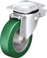 Blickle - 5" Diam x 1-37/64" Wide x 6-7/64" OAH Top Plate Mount Swivel Caster with Brake - Polyurethane-Elastomer Blickle Softhane, 770 Lb Capacity, Ball Bearing, 3-15/16 x 3-3/8" Plate - Caliber Tooling