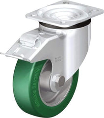 Blickle - 5" Diam x 1-37/64" Wide x 6-7/64" OAH Top Plate Mount Swivel Caster with Brake - Polyurethane-Elastomer Blickle Softhane, 770 Lb Capacity, Ball Bearing, 3-15/16 x 3-3/8" Plate - Caliber Tooling