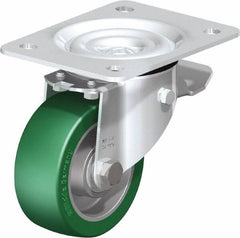 Blickle - 4" Diam x 1-37/64" Wide x 5-7/64" OAH Top Plate Mount Swivel Caster with Brake - Polyurethane-Elastomer Blickle Softhane, 660 Lb Capacity, Ball Bearing, 5-1/2 x 4-3/8" Plate - Caliber Tooling