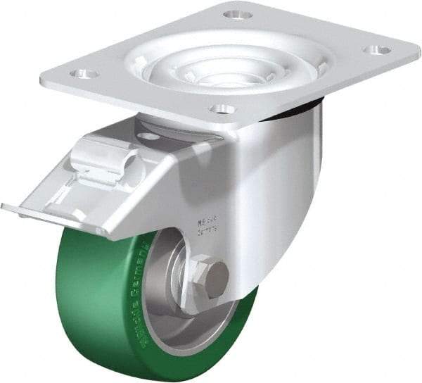 Blickle - 4" Diam x 1-37/64" Wide x 5-7/64" OAH Top Plate Mount Swivel Caster with Brake - Polyurethane-Elastomer Blickle Softhane, 660 Lb Capacity, Ball Bearing, 5-1/2 x 4-3/8" Plate - Caliber Tooling