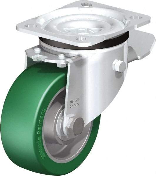 Blickle - 4" Diam x 1-37/64" Wide x 5-7/64" OAH Top Plate Mount Swivel Caster with Brake - Polyurethane-Elastomer Blickle Softhane, 660 Lb Capacity, Ball Bearing, 3-15/16 x 3-3/8" Plate - Caliber Tooling