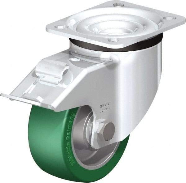 Blickle - 4" Diam x 1-37/64" Wide x 5-7/64" OAH Top Plate Mount Swivel Caster with Brake - Polyurethane-Elastomer Blickle Softhane, 660 Lb Capacity, Ball Bearing, 3-15/16 x 3-3/8" Plate - Caliber Tooling