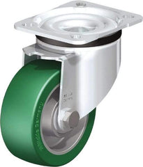 Blickle - 4" Diam x 1-37/64" Wide x 5-7/64" OAH Top Plate Mount Swivel Caster - Polyurethane-Elastomer Blickle Softhane, 660 Lb Capacity, Ball Bearing, 3-15/16 x 3-3/8" Plate - Caliber Tooling