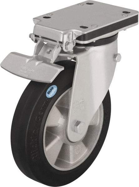 Blickle - 8" Diam x 1-31/32" Wide x 10-5/16" OAH Top Plate Mount Swivel Caster with Brake - Solid Rubber, 1,100 Lb Capacity, Ball Bearing, 5-1/2 x 4-3/8" Plate - Caliber Tooling