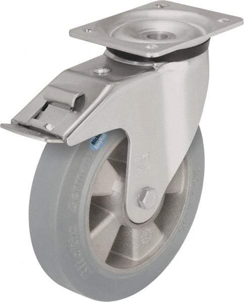 Blickle - 6-1/2" Diam x 1-31/32" Wide x 7-61/64" OAH Top Plate Mount Swivel Caster with Brake - Solid Rubber, 880 Lb Capacity, Ball Bearing, 5-1/2 x 4-3/8" Plate - Caliber Tooling