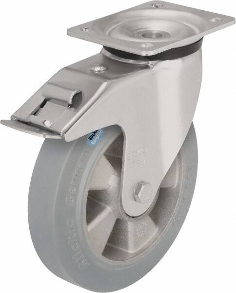 Blickle - 5" Diam x 1-31/32" Wide x 6-11/16" OAH Top Plate Mount Swivel Caster with Brake - Solid Rubber, 594 Lb Capacity, Ball Bearing, 5-1/2 x 4-3/8" Plate - Caliber Tooling