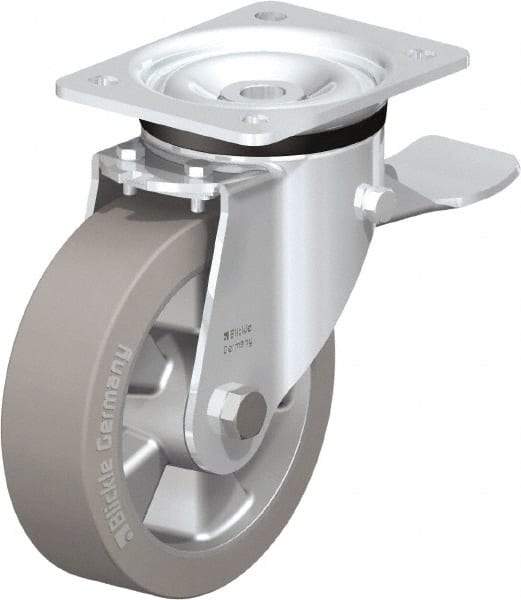 Blickle - 6-1/2" Diam x 1-31/32" Wide x 7-61/64" OAH Top Plate Mount Swivel Caster with Brake - Solid Rubber, 880 Lb Capacity, Ball Bearing, 5-1/2 x 4-3/8" Plate - Caliber Tooling