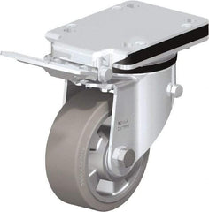 Blickle - 5" Diam x 1-31/32" Wide x 7-23/64" OAH Top Plate Mount Swivel Caster with Brake - Solid Rubber, 594 Lb Capacity, Ball Bearing, 5-1/2 x 4-3/8" Plate - Caliber Tooling