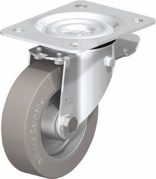 Blickle - 5" Diam x 1-37/64" Wide x 6-11/16" OAH Top Plate Mount Swivel Caster with Brake - Solid Rubber, 550 Lb Capacity, Ball Bearing, 5-1/2 x 4-3/8" Plate - Caliber Tooling