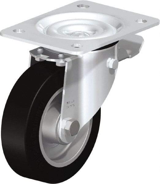 Blickle - 5" Diam x 1-37/64" Wide x 6-7/64" OAH Top Plate Mount Swivel Caster with Brake - Solid Rubber, 550 Lb Capacity, Ball Bearing, 5-1/2 x 4-3/8" Plate - Caliber Tooling