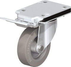 Blickle - 5" Diam x 1-37/64" Wide x 7-49/64" OAH Top Plate Mount Swivel Caster with Brake - Solid Rubber, 550 Lb Capacity, Ball Bearing, 5-1/2 x 4-3/8" Plate - Caliber Tooling