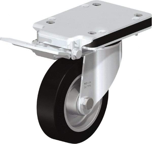 Blickle - 5" Diam x 1-37/64" Wide x 7-49/64" OAH Top Plate Mount Swivel Caster with Brake - Solid Rubber, 550 Lb Capacity, Ball Bearing, 5-1/2 x 4-3/8" Plate - Caliber Tooling