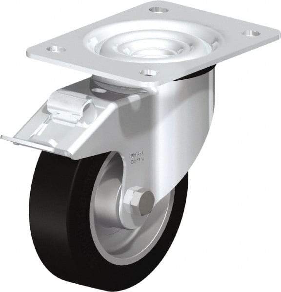 Blickle - 5" Diam x 1-37/64" Wide x 6-7/64" OAH Top Plate Mount Swivel Caster with Brake - Solid Rubber, 550 Lb Capacity, Ball Bearing, 5-1/2 x 4-3/8" Plate - Caliber Tooling