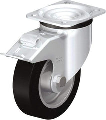 Blickle - 5" Diam x 1-37/64" Wide x 6-7/64" OAH Top Plate Mount Swivel Caster with Brake - Solid Rubber, 550 Lb Capacity, Ball Bearing, 3-15/16 x 3-3/8" Plate - Caliber Tooling