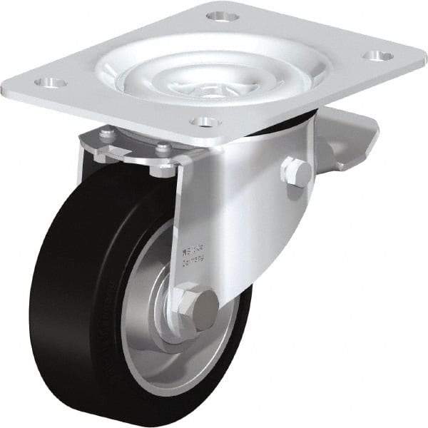 Blickle - 4" Diam x 1-37/64" Wide x 5-7/64" OAH Top Plate Mount Swivel Caster with Brake - Solid Rubber, 440 Lb Capacity, Ball Bearing, 5-1/2 x 4-3/8" Plate - Caliber Tooling