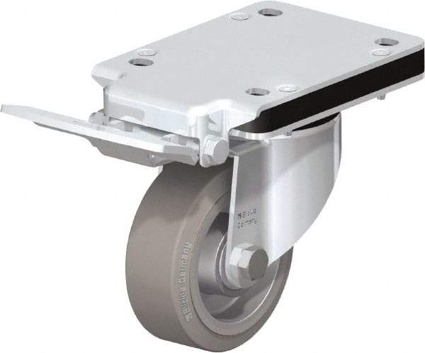 Blickle - 4" Diam x 1-37/64" Wide x 5-5/32" OAH Top Plate Mount Swivel Caster with Brake - Solid Rubber, 440 Lb Capacity, Ball Bearing, 5-1/2 x 4-3/8" Plate - Caliber Tooling