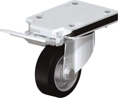 Blickle - 4" Diam x 1-37/64" Wide x 5-5/32" OAH Top Plate Mount Swivel Caster with Brake - Solid Rubber, 440 Lb Capacity, Ball Bearing, 5-1/2 x 4-3/8" Plate - Caliber Tooling