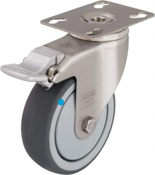 Blickle - 3" Diam x 1-1/4" Wide x 4-3/8" OAH Top Plate Mount Swivel Caster with Brake - Thermoplastic Rubber Elastomer (TPE), 220 Lb Capacity, Ball Bearing, 3-9/16 x 2-5/8" Plate - Caliber Tooling