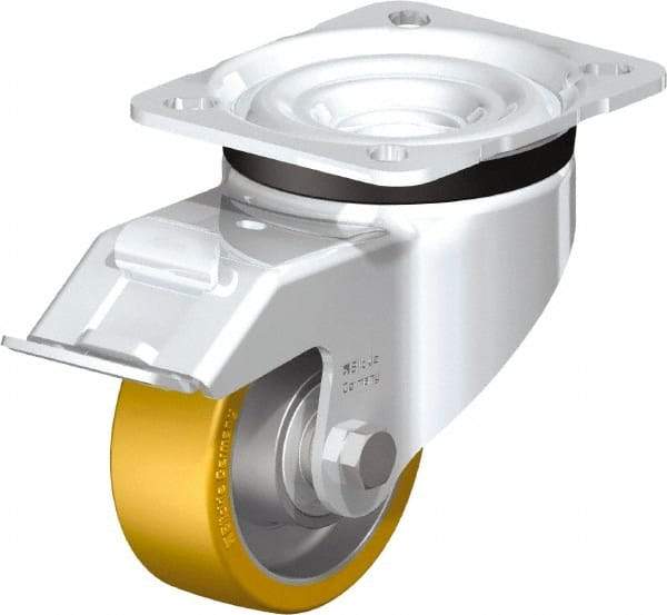 Blickle - 3" Diam x 1-11/64" Wide x 4-21/64" OAH Top Plate Mount Swivel Caster with Brake - Polyurethane-Elastomer Blickle Extrathane, 396 Lb Capacity, Ball Bearing, 3-15/16 x 3-3/8" Plate - Caliber Tooling