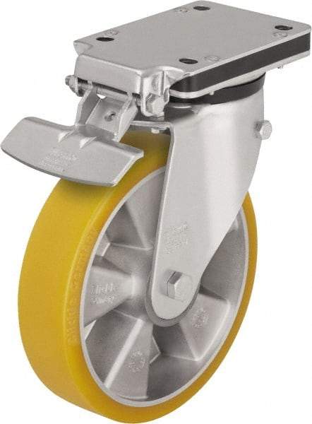 Blickle - 8" Diam x 1-31/32" Wide x 10-5/16" OAH Top Plate Mount Swivel Caster with Brake - Polyurethane-Elastomer Blickle Extrathane, 1,320 Lb Capacity, Ball Bearing, 5-1/2 x 4-3/8" Plate - Caliber Tooling