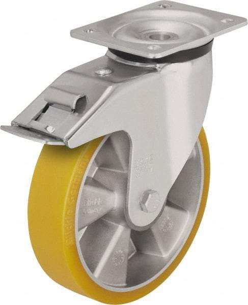 Blickle - 6-1/2" Diam x 1-31/32" Wide x 7-61/64" OAH Top Plate Mount Swivel Caster with Brake - Polyurethane-Elastomer Blickle Extrathane, 1,210 Lb Capacity, Ball Bearing, 5-1/2 x 4-3/8" Plate - Caliber Tooling