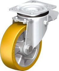 Blickle - 5" Diam x 1-9/16" Wide x 6-7/64" OAH Top Plate Mount Swivel Caster with Brake - Polyurethane-Elastomer Blickle Extrathane, 770 Lb Capacity, Ball Bearing, 3-15/16 x 3-3/8" Plate - Caliber Tooling