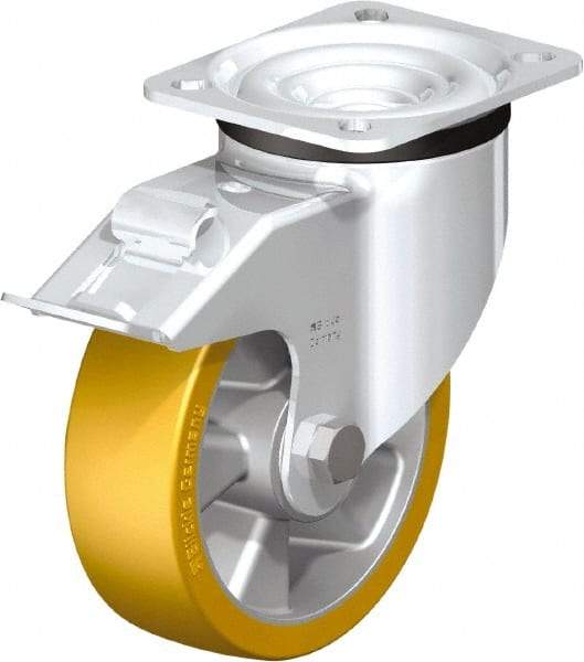 Blickle - 5" Diam x 1-9/16" Wide x 6-7/64" OAH Top Plate Mount Swivel Caster with Brake - Polyurethane-Elastomer Blickle Extrathane, 770 Lb Capacity, Ball Bearing, 3-15/16 x 3-3/8" Plate - Caliber Tooling