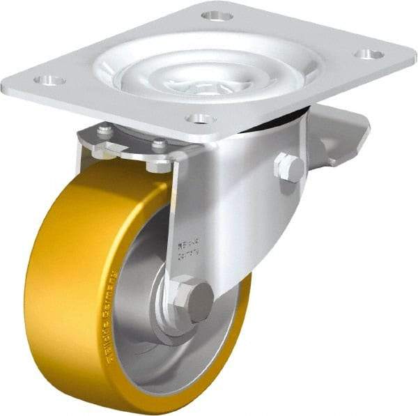 Blickle - 4" Diam x 1-9/16" Wide x 5-7/64" OAH Top Plate Mount Swivel Caster with Brake - Polyurethane-Elastomer Blickle Extrathane, 550 Lb Capacity, Ball Bearing, 5-1/2 x 4-3/8" Plate - Caliber Tooling