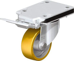 Blickle - 4" Diam x 1-9/16" Wide x 5-25/32" OAH Top Plate Mount Swivel Caster with Brake - Polyurethane-Elastomer Blickle Extrathane, 550 Lb Capacity, Ball Bearing, 5-1/2 x 4-3/8" Plate - Caliber Tooling