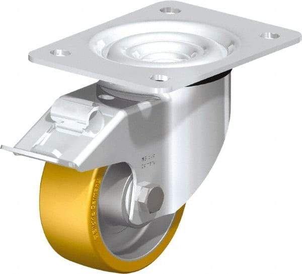 Blickle - 4" Diam x 1-9/16" Wide x 5-7/64" OAH Top Plate Mount Swivel Caster with Brake - Polyurethane-Elastomer Blickle Extrathane, 550 Lb Capacity, Ball Bearing, 5-1/2 x 4-3/8" Plate - Caliber Tooling