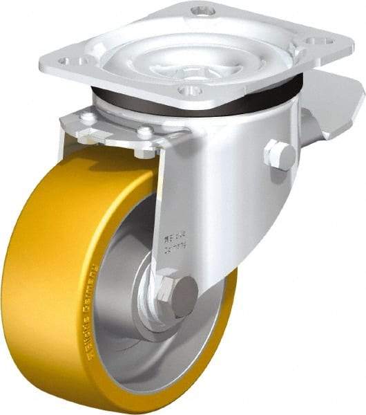 Blickle - 4" Diam x 1-9/16" Wide x 5-7/64" OAH Top Plate Mount Swivel Caster with Brake - Polyurethane-Elastomer Blickle Extrathane, 550 Lb Capacity, Ball Bearing, 3-15/16 x 3-3/8" Plate - Caliber Tooling