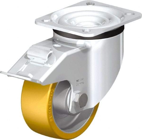 Blickle - 4" Diam x 1-9/16" Wide x 5-7/64" OAH Top Plate Mount Swivel Caster with Brake - Polyurethane-Elastomer Blickle Extrathane, 550 Lb Capacity, Ball Bearing, 3-15/16 x 3-3/8" Plate - Caliber Tooling