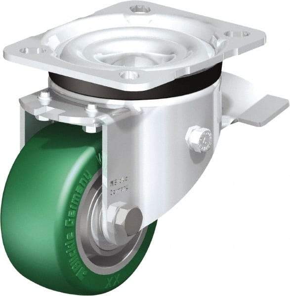 Blickle - 3" Diam x 1-9/16" Wide x 4-21/64" OAH Top Plate Mount Swivel Caster with Brake - Polyurethane-Elastomer Blickle Softhane, 506 Lb Capacity, Ball Bearing, 3-15/16 x 3-3/8" Plate - Caliber Tooling