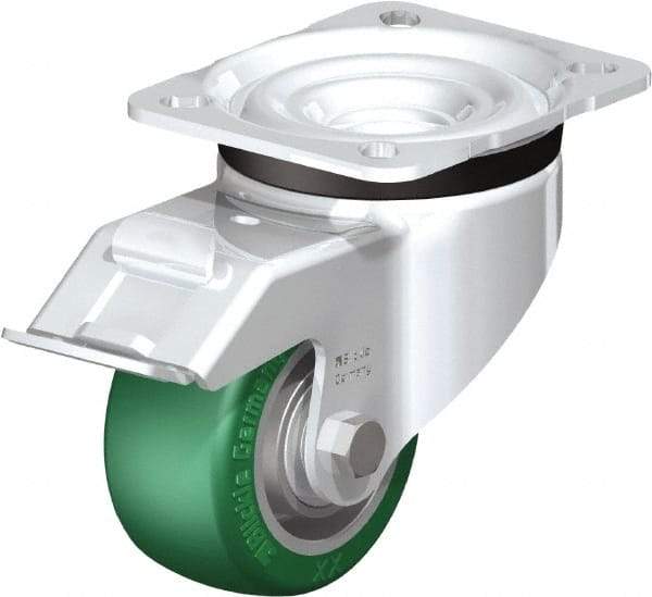 Blickle - 3" Diam x 1-9/16" Wide x 4-21/64" OAH Top Plate Mount Swivel Caster with Brake - Polyurethane-Elastomer Blickle Softhane, 506 Lb Capacity, Ball Bearing, 3-15/16 x 3-3/8" Plate - Caliber Tooling