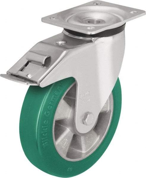 Blickle - 6-1/2" Diam x 2" Wide x 7-61/64" OAH Top Plate Mount Swivel Caster with Brake - Polyurethane-Elastomer Blickle Softhane, 1,210 Lb Capacity, Ball Bearing, 5-1/2 x 4-3/8" Plate - Caliber Tooling