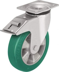 Blickle - 6" Diam x 2-1/8" Wide x 7-3/4" OAH Top Plate Mount Swivel Caster with Brake - Polyurethane-Elastomer Blickle Softhane, 1,100 Lb Capacity, Ball Bearing, 5-1/2 x 4-3/8" Plate - Caliber Tooling