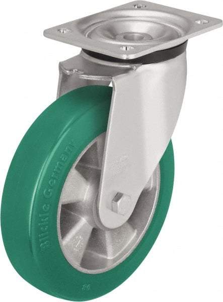 Blickle - 5" Diam x 2-1/8" Wide x 6-11/16" OAH Top Plate Mount Swivel Caster - Polyurethane-Elastomer Blickle Softhane, 990 Lb Capacity, Ball Bearing, 5-1/2 x 4-3/8" Plate - Caliber Tooling