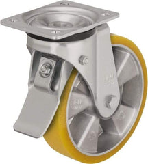 Blickle - 5" Diam x 1-9/16" Wide x 6-7/64" OAH Top Plate Mount Swivel Caster with Brake - Polyurethane-Elastomer Blickle Extrathane, 770 Lb Capacity, Ball Bearing, 5-1/2 x 4-3/8" Plate - Caliber Tooling