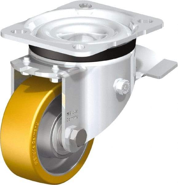 Blickle - 3" Diam x 1-11/64" Wide x 4-21/64" OAH Top Plate Mount Swivel Caster with Brake - Polyurethane-Elastomer Blickle Extrathane, 396 Lb Capacity, Ball Bearing, 3-15/16 x 3-3/8" Plate - Caliber Tooling