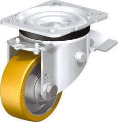 Blickle - 3" Diam x 1-11/64" Wide x 4-21/64" OAH Top Plate Mount Swivel Caster with Brake - Polyurethane-Elastomer Blickle Extrathane, 396 Lb Capacity, Ball Bearing, 3-15/16 x 3-3/8" Plate - Caliber Tooling