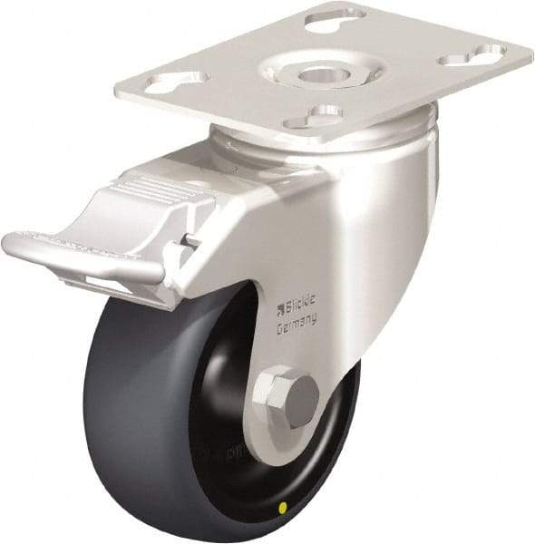 Blickle - 3" Diam x 1-1/4" Wide x 4-3/8" OAH Top Plate Mount Swivel Caster with Brake - Thermoplastic Rubber Elastomer (TPE), 143 Lb Capacity, Plain Bore Bearing, 3-9/16 x 2-5/8" Plate - Caliber Tooling