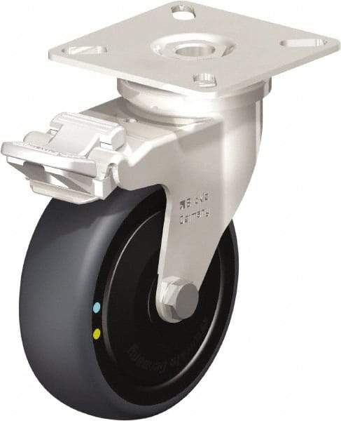 Blickle - 3" Diam x 63/64" Wide x 3-15/16" OAH Top Plate Mount Swivel Caster with Brake - Thermoplastic Rubber Elastomer (TPE), 110 Lb Capacity, Ball Bearing, 2-3/8 x 2-3/8" Plate - Caliber Tooling