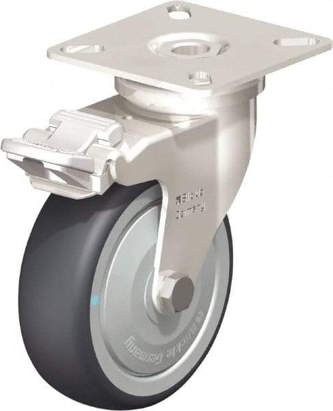 Blickle - 3" Diam x 63/64" Wide x 3-15/16" OAH Top Plate Mount Swivel Caster with Brake - Thermoplastic Rubber Elastomer (TPE), 165 Lb Capacity, Ball Bearing, 2-3/8 x 2-3/8" Plate - Caliber Tooling