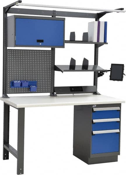 Rousseau Metal - 3 Drawer, 2 Shelf Workstation - 775 Lb Capacity, Plastic Top, Avalanche Blue, 60" Wide x 80" High x 30" Long - Caliber Tooling