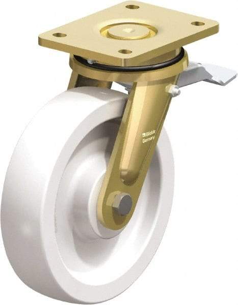 Blickle - 8" Diam x 1-31/32" Wide x 9-41/64" OAH Top Plate Mount Swivel Caster with Brake - Impact-Resistant Nylon, 3,300 Lb Capacity, Plain Bore Bearing, 5-1/2 x 4-3/8" Plate - Caliber Tooling