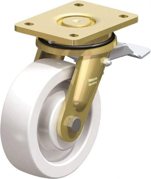 Blickle - 6-1/2" Diam x 1-31/32" Wide x 8-1/16" OAH Top Plate Mount Swivel Caster with Brake - Impact-Resistant Nylon, 1,870 Lb Capacity, Ball Bearing, 5-1/2 x 4-3/8" Plate - Caliber Tooling