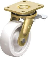 Blickle - 6" Diam x 1-31/32" Wide x 7-7/8" OAH Top Plate Mount Swivel Caster with Brake - Impact-Resistant Nylon, 1,760 Lb Capacity, Plain Bore Bearing, 5-1/2 x 4-3/8" Plate - Caliber Tooling