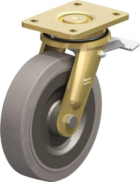 Blickle - 8" Diam x 1-31/32" Wide x 9-41/64" OAH Top Plate Mount Swivel Caster with Brake - Solid Rubber, 1,320 Lb Capacity, Ball Bearing, 5-1/2 x 4-3/8" Plate - Caliber Tooling